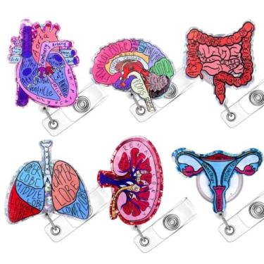 Imagem de 6 peças de carretéis de crachá de enfermeira de órgãos anatômicos com glitter para enfermeiras, cuidados de saúde, escola de enfermagem, estudante, anatomia, cirurgia, coração, cérebro, pulmão, rim,