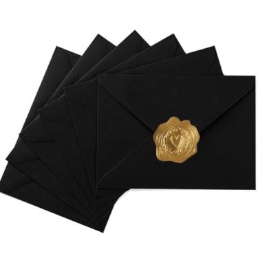 Imagem de Embalagem com 50 envelopes coloridos A7 de 12 x 17 cm, envelopes para convites com aba em V para cartões de 12 x 17 cm, aniversários, casamentos, formaturas, cartões de visita, chá de bebê de 13 x 18 cm (preto)