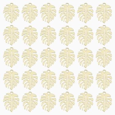Imagem de DICOSMETIC 50 peças pingentes de folhas tropicais douradas de folhas de palmeira pingentes de folha Monstera 21 x 17 mm pingentes de folha de árvore de planta pequena para colar de joias, furo: 1,6