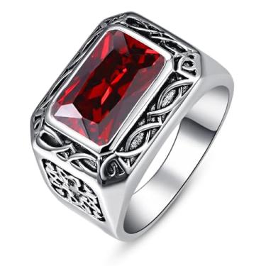 Imagem de Yaresul Anel masculino simulado de 12 x 8 mm com pedra preciosa de aço inoxidável, vintage, celta, azul, vermelho e preto, presente de casamento para marido, pai, avô, tamanho 8-12, Rubi sintético