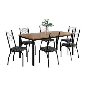 Imagem de Conjunto de Mesa Retangular com Tampo de MDP Amadeirado e 6 Cadeiras Adriana Revestimento Sintético Silver e Preto