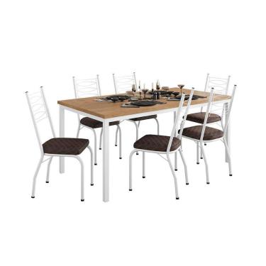 Imagem de Conjunto de Mesa Retangular com Tampo de MDP Amadeirado e 6 Cadeiras Adriana Revestimento Sintético Cacau e Branco
