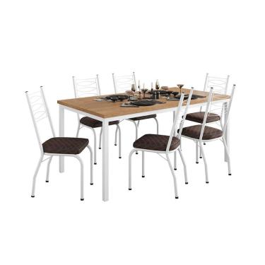 Imagem de Conjunto de Mesa Retangular com Tampo de MDP Amadeirado e 6 Cadeiras Adriana Revestimento Sintético Cacau e Branco