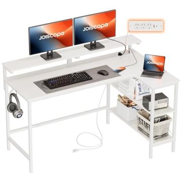 Imagem de JOISCOPE Mesa De Jogos Em Formato De L Com Prateleiras E Suporte De Exibição, Mesa De Canto Para Computador Com Tomada Usb E Tipo C, Mesa De Escritório Em Casa Para Trabalho, Escrita E Estudo, 48 Po