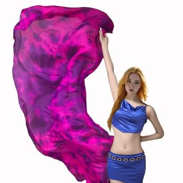 Imagem de TRIMODI 2,5 x 1,14 m/98 "x45" Véus femininos de seda verdadeira dança do ventre e lenços de mão cores fogo chama (gravata rosa roxa tingida)