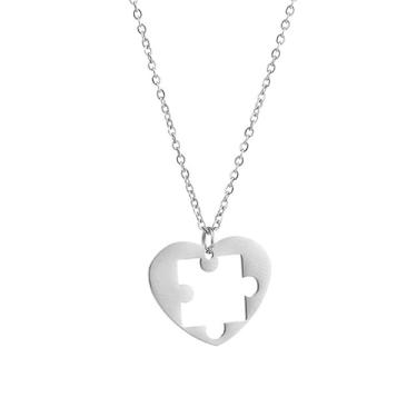 Imagem de ONLYJUMP Colar de amizade com quebra-cabeça de prata para mulheres, pingente de coração personalizado, colares de amizade, joias geométricas engraçadas feitas à mão, Large, Liga de aço, Zircônia