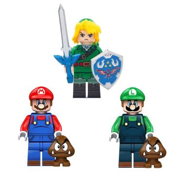 Imagem de Kit 3 Bonecos Mario Luigi Link Zelda Blocos De Montar