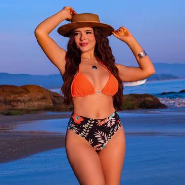 Imagem de Biquini Cortininha Com Calcinha Fio Duplo Hot Paint cós Alto, Laranja/