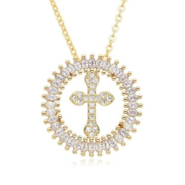 Imagem de Colar De Zircônia Cúbica Com Crucifixo Cruzado,Colar De Medalha Banhado A Ouro 18K,Colar De Medalhão De Fé Para Mulheres