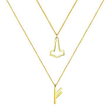 Imagem de Bigbabybig 2 peças de Martelo de Thor Mjolnir + Pingente de Runas Futhark Feminino Viking Colar Corrente Banhado a Ouro 18K Nordic Pagan Faith Girls Dainty Gifts Dourado