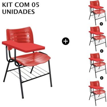 Imagem de Kit 05 Cadeiras Universitárias com porta livros cor Vermelho Prancheta Plástica