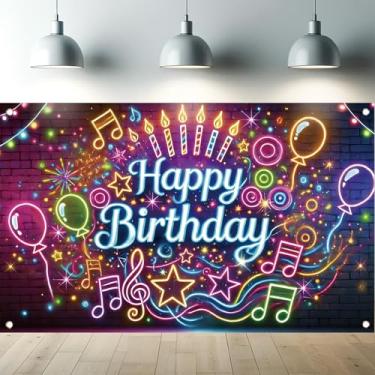 Imagem de Starlit Patio Banner neon de feliz aniversário decoração de festa que brilha no escuro banner de festa notas musicais balões fogos de artifício estrelas luzes coloridas parede de tijolos adereços de