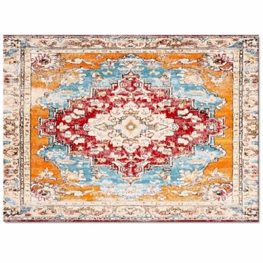 Imagem de Tapetes retangulares de padrão boêmio para sala de estar quarto 0,9 x 1,5 m, vermelho e laranja, abstrato, não derrama, macio, tapete lavável antiderrapante para berçário, entrada e sala de jogos