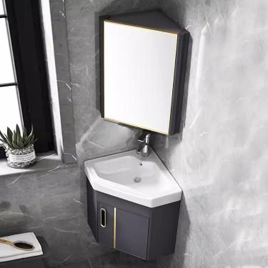 Imagem de Armário De Pia De Banheiro De Canto Dyuz Com Pia De Cerâmica & Espelho, Conjunto De Armário De Pia De Banheiro De Parede, Vaidade De Pia De Banheiro De Canto Pequeno Com, Grå, 38cm/15"