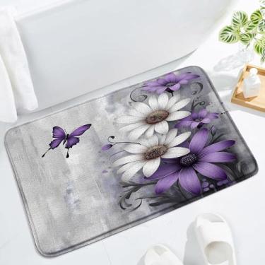 Imagem de LAEDCIITI Tapete de banho floral rústico margarida flor roxa borboleta vintage celeiro prancha de madeira fazenda país americano flores silvestres jardim planta absorvente capacho tapete de quarto