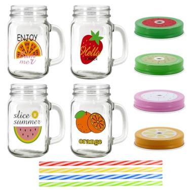 Imagem de eispap Conjunto de 4 potes de vidro de 473 ml com alças de frutas coloridas e tampas de metal e canudos de plástico rígido conjunto de canecas para café gelado, chá