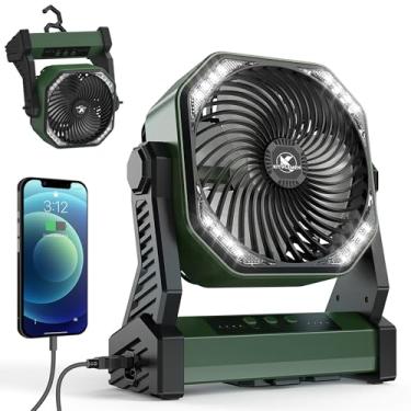 Imagem de KITWLEMEN Ventilador de acampamento com lanterna LED, ventilador de barraca externo operado por bateria recarregável de 20000 mAh com luz e gancho, 4 velocidades, ventilador de mesa USB pessoal para