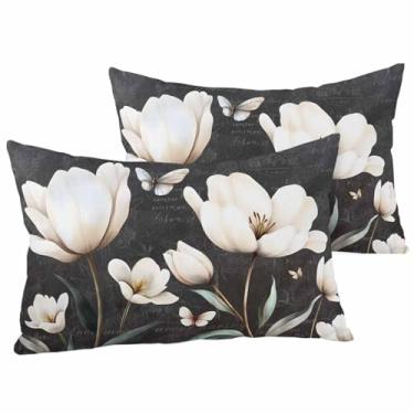 Imagem de EwdeWwo Plant Outdoor Capas de almofada impermeáveis 50 x 30 cm, conjunto de 2, flores estilo fazenda, borboleta, fronhas decorativas quadradas para pátio, móveis, sofá, varanda, jardim