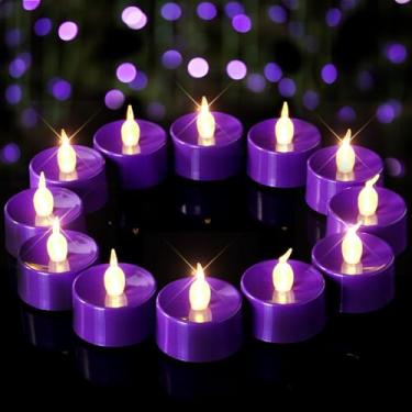 Imagem de merrynights Velas de LED roxas, pacote com 12 velas de chá operadas a pilhas, velas de chá sem chama, luzes de chá realistas para decoração de festa de Natal de Halloween, carnaval