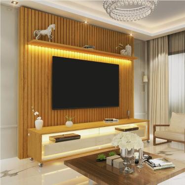 Imagem de Painel Para Tv Ripado Led 2 Gavetas 2 Prateleiras Com Rodízios 184Cm Nobre Gelius Móveis Naturale/Off White