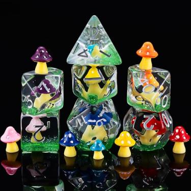 Imagem de D&D Resin Mushrooms Dice Set, Polyhedral DND Dice Colored Mushrooms Inclusion Dice for Dungeons and Dragons MTG RPG Board Games