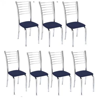 Imagem de Kit 7 Cadeiras De Jantar Lara Cromada Para Cozinha Assento Corino Azul Marinho - Aurora...