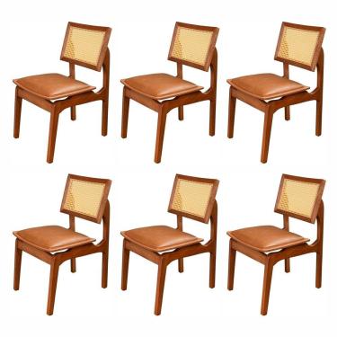 Imagem de Conjunto Com 6 Cadeiras De Madeira 100% Maciça Tauari E Rattan Natural Com Assento Estofado Daren Li Imbuia