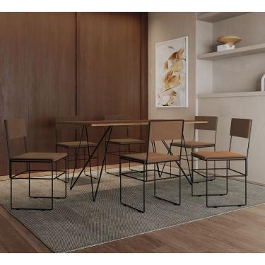 Imagem de Mesa Jantar Retangular Industrial Trama 1,50x0,90m Amêndoa 6 Cadeiras Estofadas Marrom E Preto Vitór Marrom