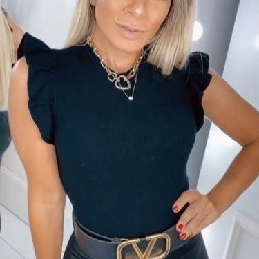 Imagem de Blusa feminina manga curta babado com elastano malha canelada - Filó M