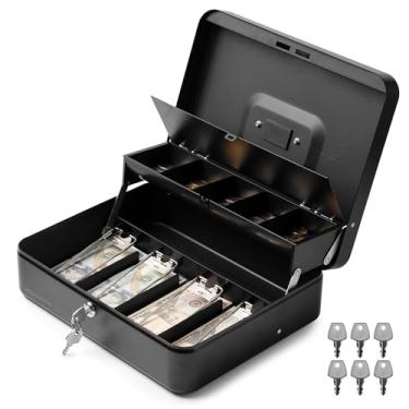 Imagem de Volcora Caixa de dinheiro grande com trava de chave, caixa de dinheiro de metal para dinheiro, cofre portátil com bandeja de dinheiro, organizador durável para economia de dinheiro para venda de