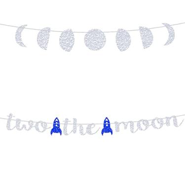 Imagem de Duas decorações de aniversário da lua prata glitter duas a lua faixa de festa para espaço sideral/galáxia astronauta/homem espacial/robô tema OVNI bebês meninos 2º aniversário suprimentos decorações