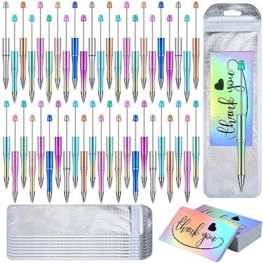 Imagem de Yeaqee Kit de 150 canetas com contas, 50 canetas esferográficas coloridas de plástico com contas a granel, 50 cartões de agradecimento, com 50 sacos de embalagem que podem ser fechados para escola,