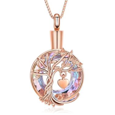 Imagem de QGJNSGC Colar de urna de árvore da vida, joia de cremação, para cinzas, pingente de cinzas de aço inoxidável, círculo de cristal para mulheres e homens, memorial de lembrança para joias e presentes
