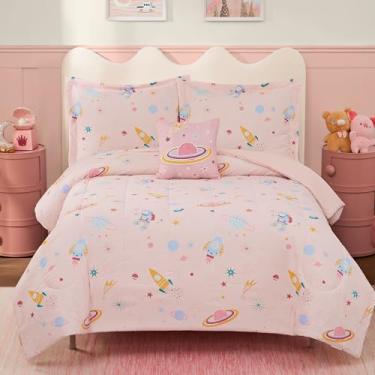 Imagem de Wink Deer Conjunto de edredom casal para meninas, 4 peças, espaço que brilha no escuro, 1 edredom, 2 fronhas e 1 travesseiro decorativo