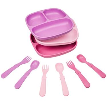 Imagem de Conjunto de pratos e utensílios infantis divididos de 3 x 3 da Re-Play, pode ir à lava-louças e ao micro-ondas – Feito nos EUA – Feito de jarras de leite recicladas ecologicamente corretas – Princess