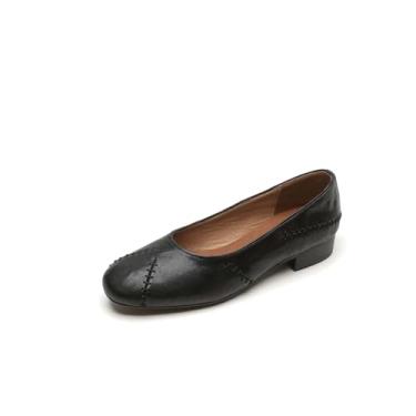 Imagem de TinaCus Tênis feminino feito à mão, de couro legítimo, sem costura, bico redondo, confortável para escritório, Preto, 34