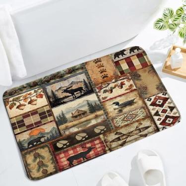 Imagem de JWJAMM Tapete de banheiro rústico, urso selvagem, alce, campo, acampamento, asteca, vintage, retrô, xadrez, banheiro, cozinha, tapete de espuma de memória, 43 x 74 cm