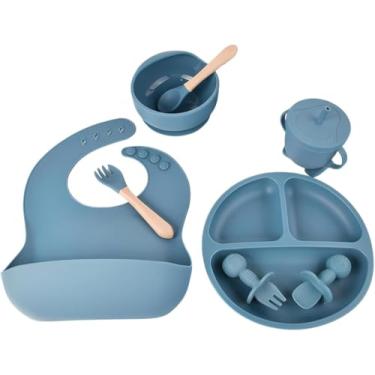 Imagem de Kit Alimentação Infantil em Silicone – Prato com Ventosa, Talheres, Tigela, Copo e Babador – Antiderrapante, Livre de BPA, Ideal para Bebês e Crianças (Azul)