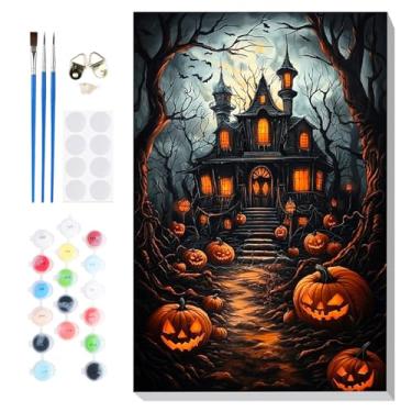 Imagem de Bowetile Pintura emoldurada de Halloween por números para adultos iniciantes, kits fáceis de pintar por números em tela, kits de artesanato de pintura com números de castelo de acrílico, presentes de