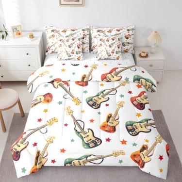 Imagem de Erosebridal Conjunto de cama solteiro retrô com tema de música e guitarra (edredom + elástico + lençol de cima + 2 fronhas + 2 fronhas + 2 fronhas), conjunto de cama branco com 7 peças