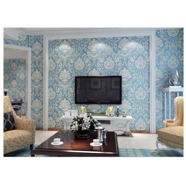 Imagem de ESSMOKO Papel de parede não tecido ecológico quarto sala de estar hotel fundo parede 3D papel de parede não autoadesivo azul - 53 * 950 cm