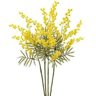 Imagem de DILATATA Flores artificiais amarelas, acácia, 58 cm, haste longa, flores mimosas, 4 peças, flor de primavera falsa para decoração de casa, spray de mimosa