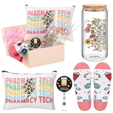 Imagem de Skylety Conjunto de 5 peças de presentes de técnico de farmácia para mulheres, copo de vidro de 473 ml, bolsa cosmética, porta-crachá, agradecimento, farmacêutico, caixa de presente para a Semana