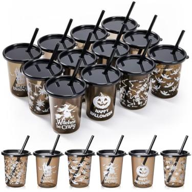 Imagem de Nuanchu Copos de plástico para crianças de Halloween com tampas e canudos, copos infantis reutilizáveis de 293 ml para presente de festa de Halloween feliz (24 peças, escuro)
