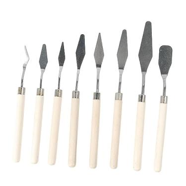 Imagem de Generic Faca de palete 8 peças de aço inoxidável com bordas lisas e cabo de madeira para aderência robusta, raspador de mistura para tinta acrílica e óleo