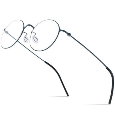 Imagem de VFDHN Armação de óculos de titânio masculina redonda ultraleve (armação azul C2)