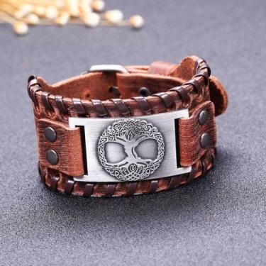 Imagem de Pulseira Masculina de Couro Viking Árvore da Vida Runas da Sorte Ajust
