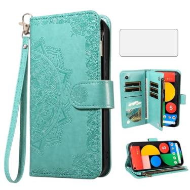 Imagem de Asuwish Capa de celular para celular Google Pixel 5 com protetor de tela de vidro temperado e flor flip porta-cartão de crédito suporte Pixel5 5G Pixle Five G5 mulheres homens verde
