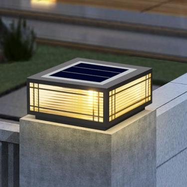 Imagem de SLAWA Luminária de poste solar para pilar exterior com tampas de coluna de energia solar LED lâmpadas de alumínio à prova d'água tampas de poste de cerca de vidro preto quadrado fora de casa, quintal