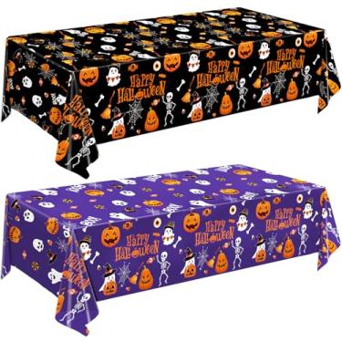 Imagem de QIYANPAX Decorações de Halloween – Pacote com 2 toalhas de mesa descartáveis de plástico para decoração de mesa de Halloween ou faixa de pano de fundo, 137 x 274 cm